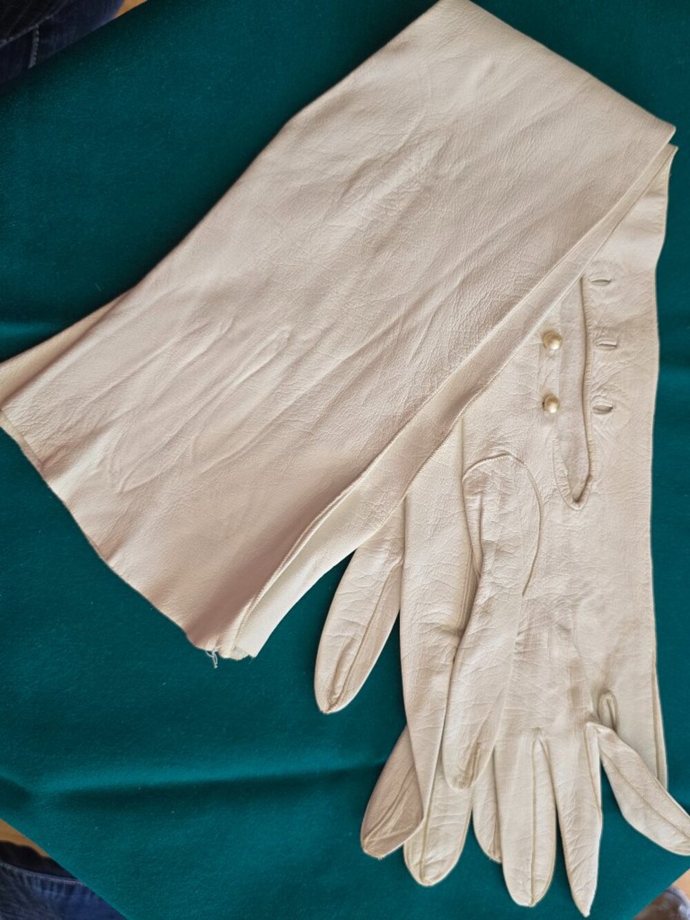 Vintage Ivory Leather Long Opera Gloves Faux Pearl Wrist Detail